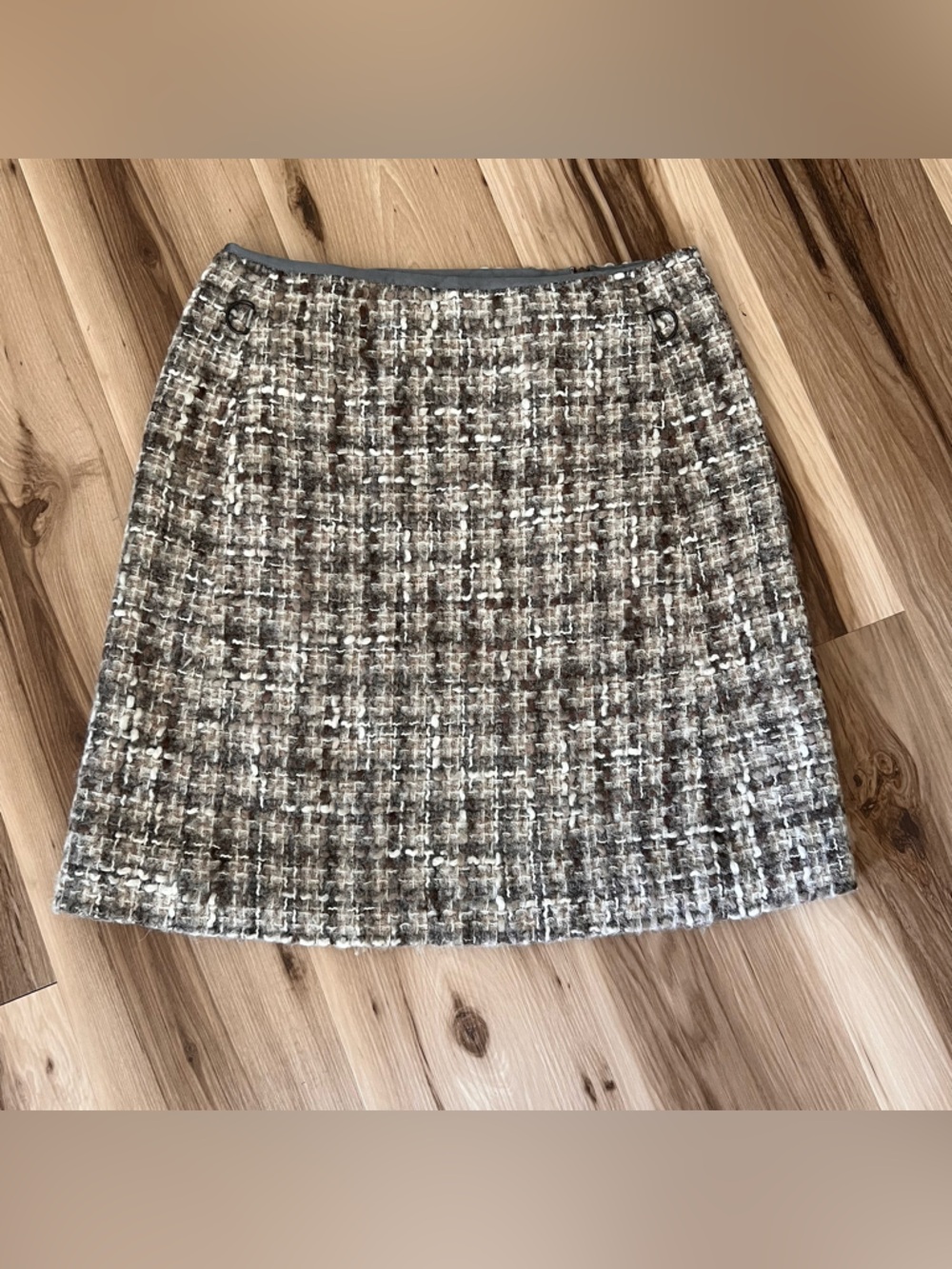 Jaeger Wool Alpaca Light Brown Tweed A-Line Skirt US 12 UK 14 Chanel Styled
